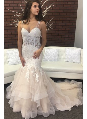 Sexy Mermaid Tulle Sweetheart Lace Layered Champagne Wedding Dresses 2022