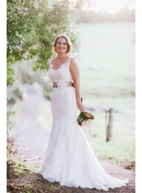 2022 Elegant Sweetheart Mermaid White Lace Wedding Dresses With Belt
