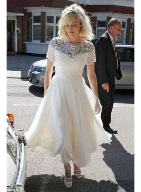 2022 Cheap Chiffon A Line Pleated Beaded Floor Length Short Wedding Dresses With Short Sleeves