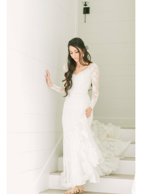 Amazing Sheath Long Sleeves V Neck Long Train Lace Wedding Dresses 2022