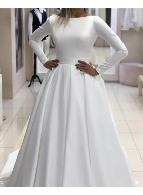 2022 Classic A Line Long Sleeves Satin Backless Long Wedding Dresses