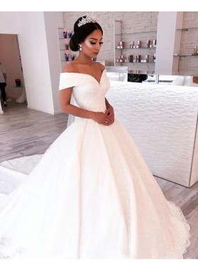 2022 A Line Elegant Off Shoulder Sweetheart Capped Sleeves Satin Long Lace Wedding Dresses