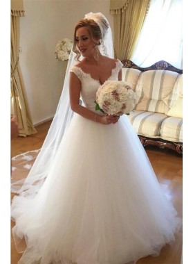 2022 Elegant A Line Tulle Sweetheart Lace Backless Long Wedding Dresses