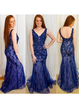 Charming Royal Blue Tulle With Appliques Mermaid V Neck Lace Long Prom Dresses 2022