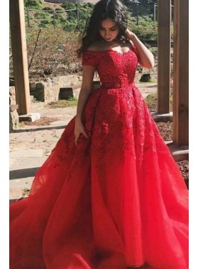 Charming A Line Red Off Shoulder Tulle With Appliques Short Sleeves Long Prom Dresses 2022