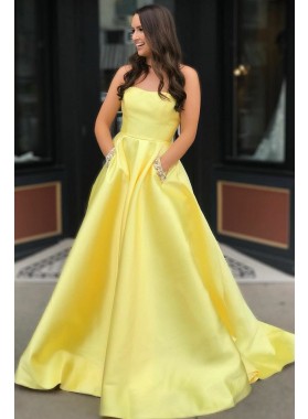 Elegant A Line Strapless Satin Daffodil Long Prom Dresses With Pockets 2022