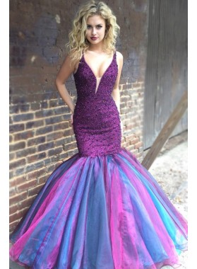 Charming 2022 Mermaid Grape Mixed Color Organza Sweetheart Halter Beaded Backless Long Prom Dresses
