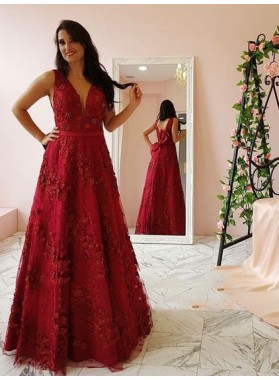 2022 Newly A Line V Neck Bowknot Back Tulle Floral Red Prom Dresses