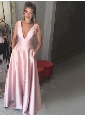 2022 Cheap A Line Satin Deep V Neck Pink Sleeveless Prom Dress