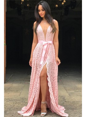 2022 Newly A Line Pink Side Slit V Neck Lace Bowknot Sash Prom Dress