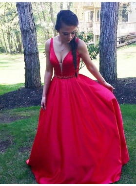 Elegant A Line Satin Red Sweetheart Sleeveless 2022 Long Prom Dress