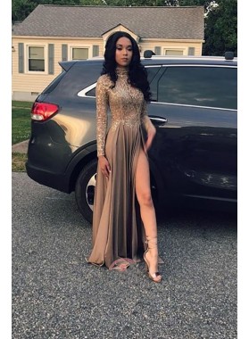 2022 Cheap Long Sleeves A Line Side Slit Brown High Neck Lace Prom Dress