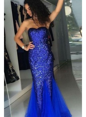 2022 Cheap Strapless Royal Blue Sheath Sequence Tulle Sweetheart Lace Up Back Prom Dress