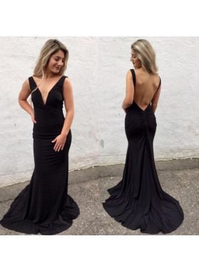 Charming Black Sheath Deep V Neck Backless Long 2022 Prom Dress