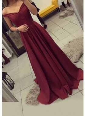 A Line Off Shoulder Sweetheart Pleated Ruffle Red Sweep Prom Dress