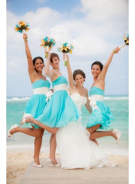 2022 Cheap A Line Strapless Chiffon Blue With White Sash Short Bridesmaid Dresses / Gowns