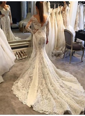 V Neck Long Sleeve Backless Lace Royal Train Applique Mermaid Wedding Dresses