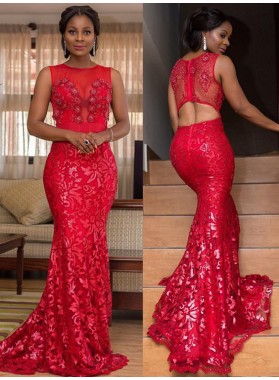 2022 South East Asia Style Red Lace Scoop Neck Sleeveless Mermaid/Trumpet Prom Dresses