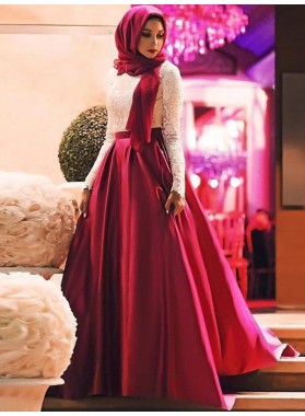 2022 Muslim A-Line/Princess White Lace Burgundy Satin Long Sleeve Prom Dresses