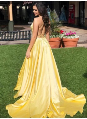 2022 Brilliant Daffodil Backless Sleeveless Criss Cross Satin Prom Dresses With Court Train