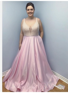 2022 Charming Plus Size A-Line/Princess V Neck Sleeveless Backless White Beaded Pink Satin Prom Dresses