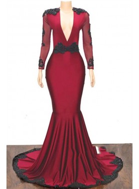 2022 Elegant Mermaid/Trumpet V Neck Long Sleeve Applique Beaded Backless Satin Prom Dresses