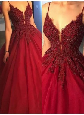 2022 New Arrival Ball Gown V Neck Sleeveless Spaghetti Straps Applique Beading Prom Dresses