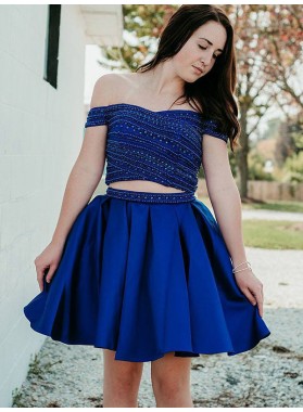 Royal Blue Off-The-Shoulder Beading Ball Gown Pleated Cut Short Mini Homecoming Dresses