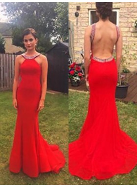Jewel Satin Red Mermaid Backless Rhinestone Sleeveless Sexy Simple Prom Dresses 2022