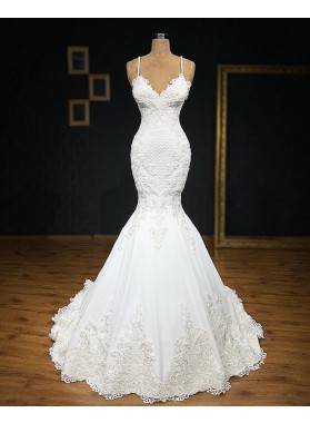 2022 Sexy Mermaid/Trumpet Spaghetti Straps Sweetheart Satin Applique Wedding Dresses / Bridal Gowns
