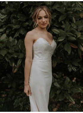 2022 Elegant Sheath Satin Spaghetti Straps Sweetheart Lace Wedding Dresses / Bridal Gowns