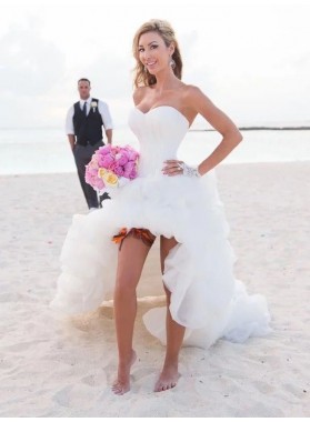 2022 Cheap A Line/Princess Organza High Low Sweetheart Pleated Short Beach Wedding Dresses / Bridal Gowns