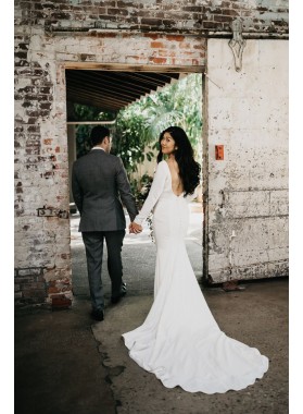 2022 Classic Sheath Long Sleeves Satin Backless Long Wedding Dresses / Bridal Gowns