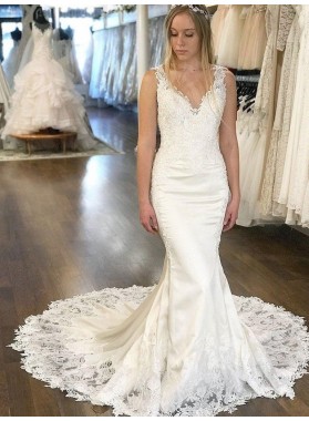 2022 New Arrival Mermaid/Trumpet V Neck Backless Lace Long Wedding Dresses / Bridal Gowns