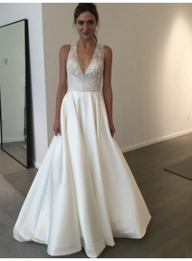 2022 Cheap A Line/Princess Satin V Neck Halter Beaded Appliques Classic Wedding Dresses / Bridal Gowns