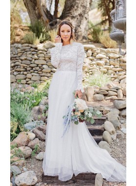 2022 Cheap A Line/Princess Long Sleeves Lace Bateau Chiffon Beach Wedding Dresses / Bridal Gowns