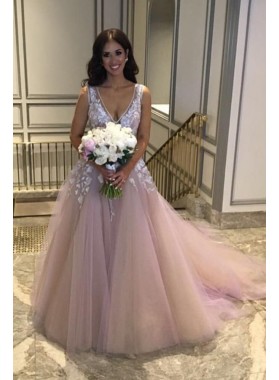 2022 New Arrival A Line/Princess Dusty Rose V Neck Tulle Wedding Dresses / Bridal Gowns With Appliques 