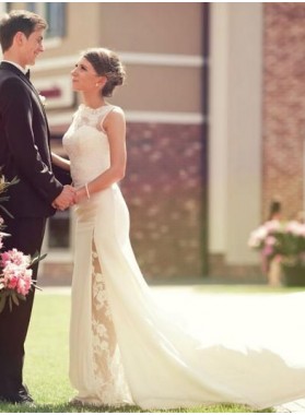 2022 Cheap Lace Sheath Side Slit Floor Length Long Wedding Dresses / Bridal Gowns