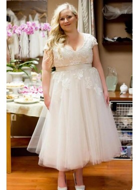 2022 Cheap A Line Tulle Tea Length Capped Sleeves Lace Plus Size Short Wedding Dresses
