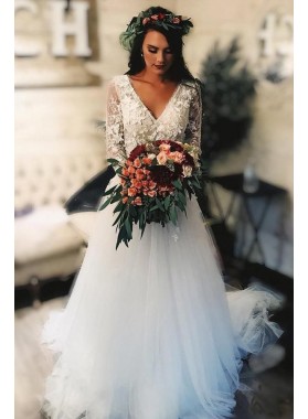 Elegant A Line V Neck Long Sleeves Tulle Lace Long Wedding Dresses 2022