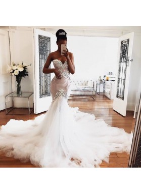 2022 Sexy Sweetheart Tulle Long Train Mermaid Embroidery Wedding Dresses