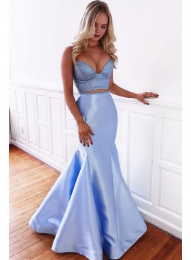Sexy Mermaid Satin Blue Lace Up Back Sweetheart Two Pieces 2022 Prom Dresses