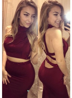 Burgundy Sleeveless High Neck Two Pieces Prom Dresses