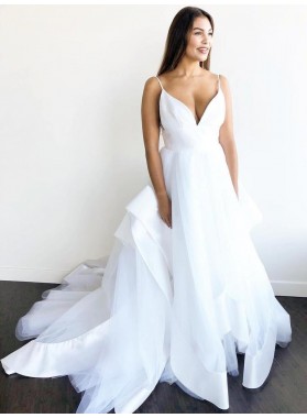 2022 A Line Sweetheart Tulle Backless Long Wedding Dresses