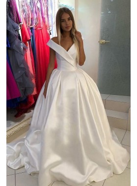 2022 Ivory Off Shoulder Lace Up Back Satin Chapel Train Long Ball Gown Wedding Dresses