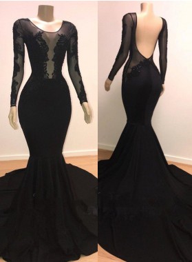 Black 2022 Scoop Long Sleeves Mermaid Appliques Long Prom dress