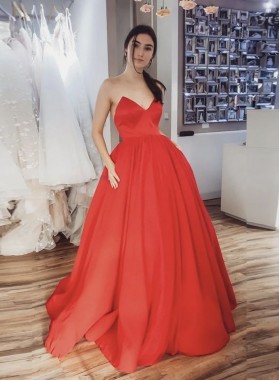 2022 A Line Zipper Back Sweetheart Satin Red Long Prom Dress
