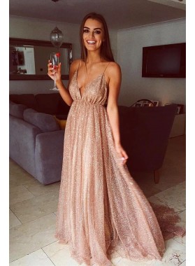 2022 Shiny A Line Sweetheart Backless Dusty Rose Long Prom Dresses
