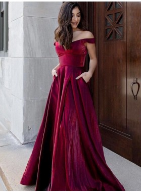 A Line Burgundy Velvet Off Shoulder Sweetheart Long Prom Dresses 2022