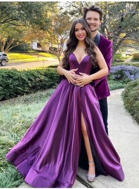 2022 A Line Sweetheart Purple Side Slit Satin Backless Long Prom Dresses